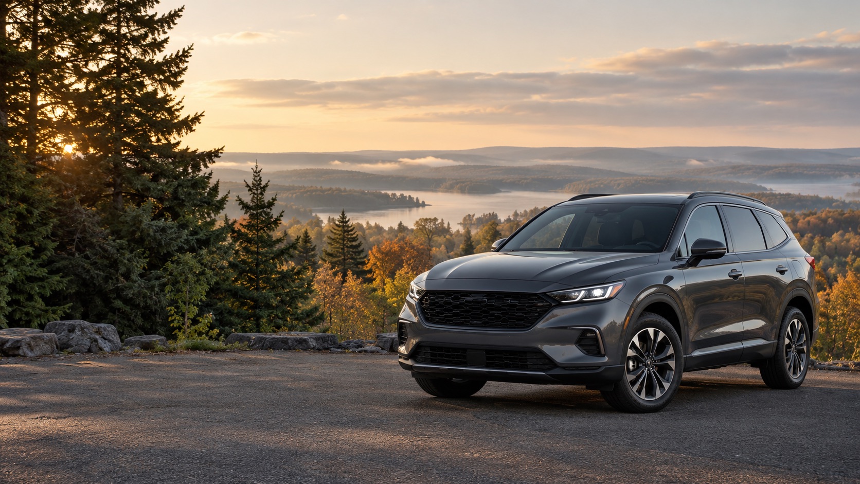 A graphite SUV overlooking a quiet Ontario-inspired landscape at sunrise